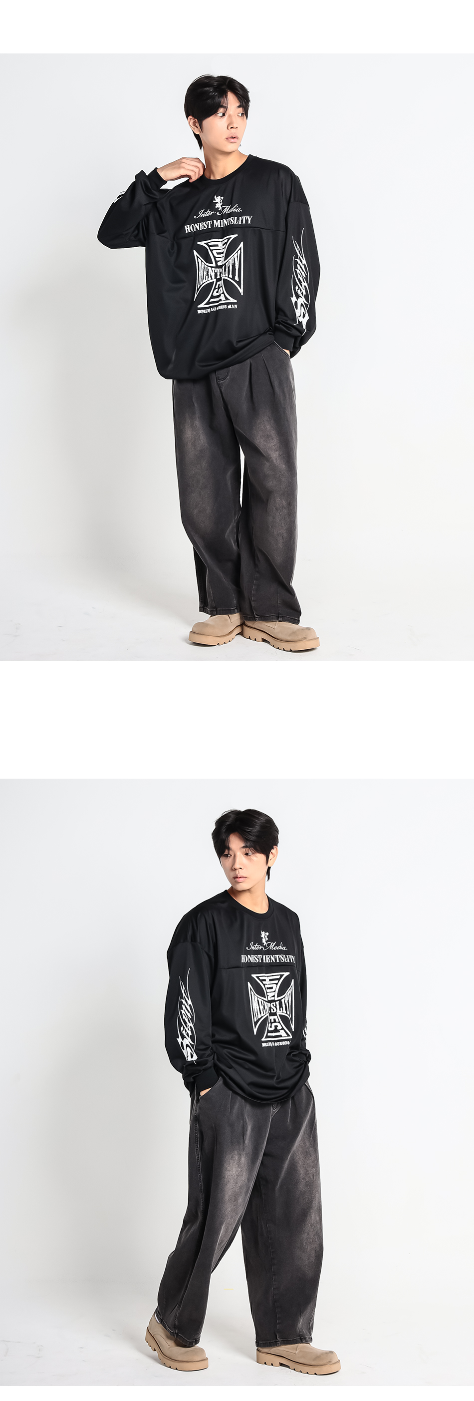 남성 빅사이즈 유니크 그래픽 소매 시보리 오버핏 긴팔 티셔츠 블랙 착용컷 1