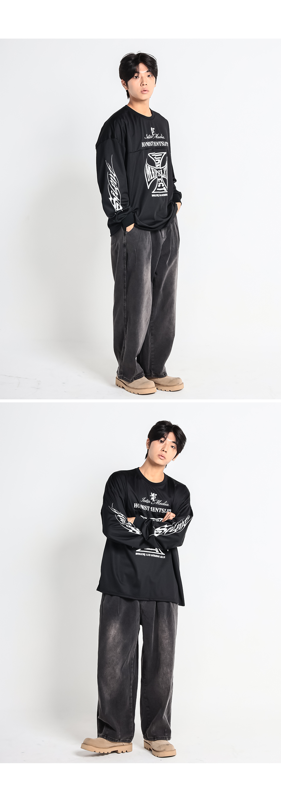 남성 빅사이즈 그래픽 긴팔 티 상반신 피팅 컷