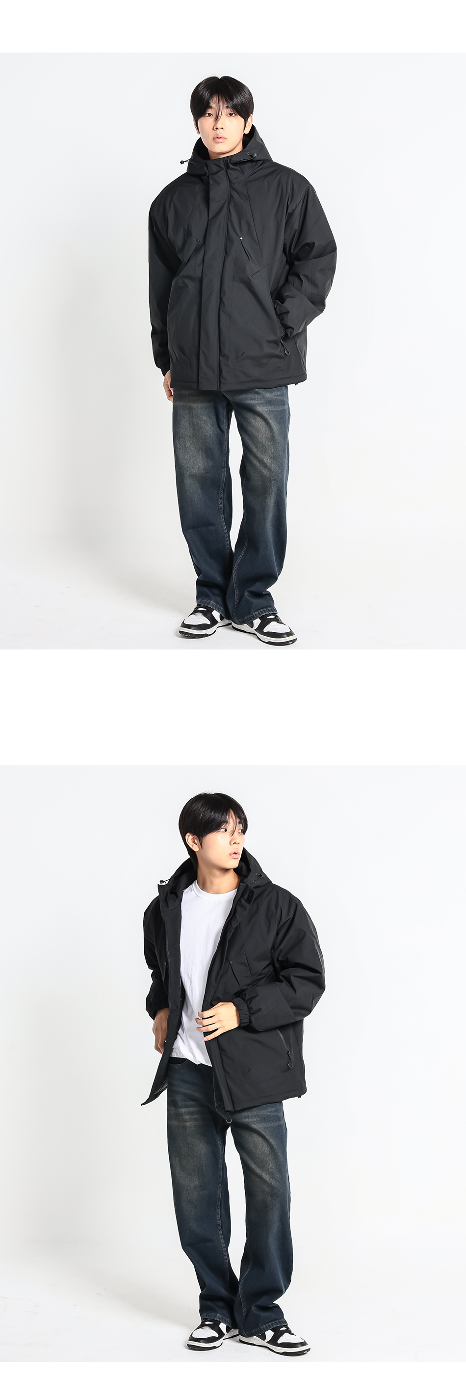 크램프 남성 빅사이즈 패딩 안감 하이넥 후드 아노락 집업 블랙 착용컷 1