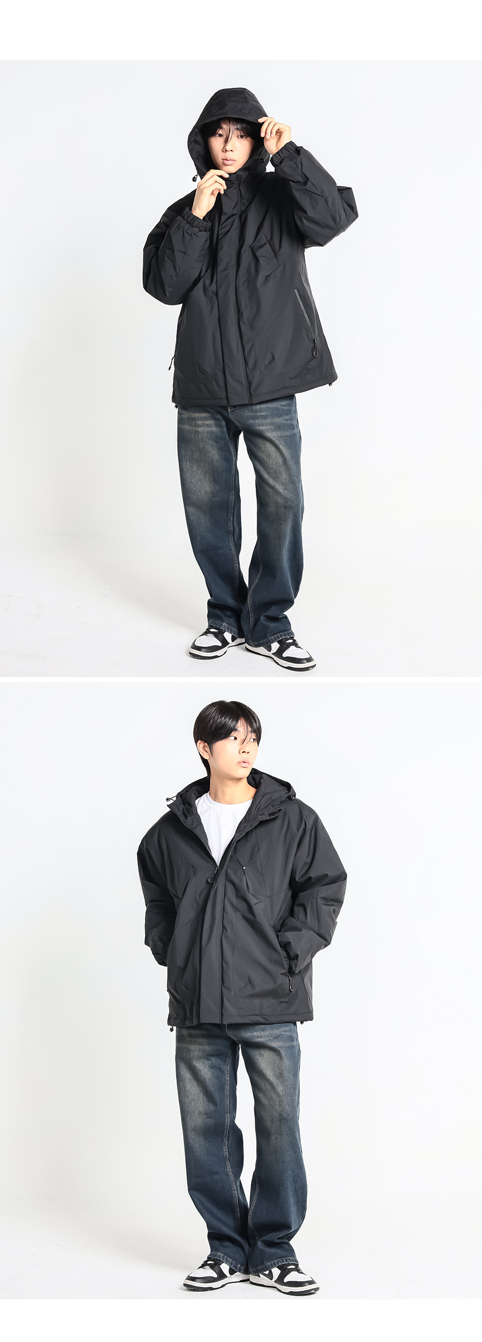 남성 빅사이즈 사선절개 후드 바람막이 점퍼 메인 피팅 컷