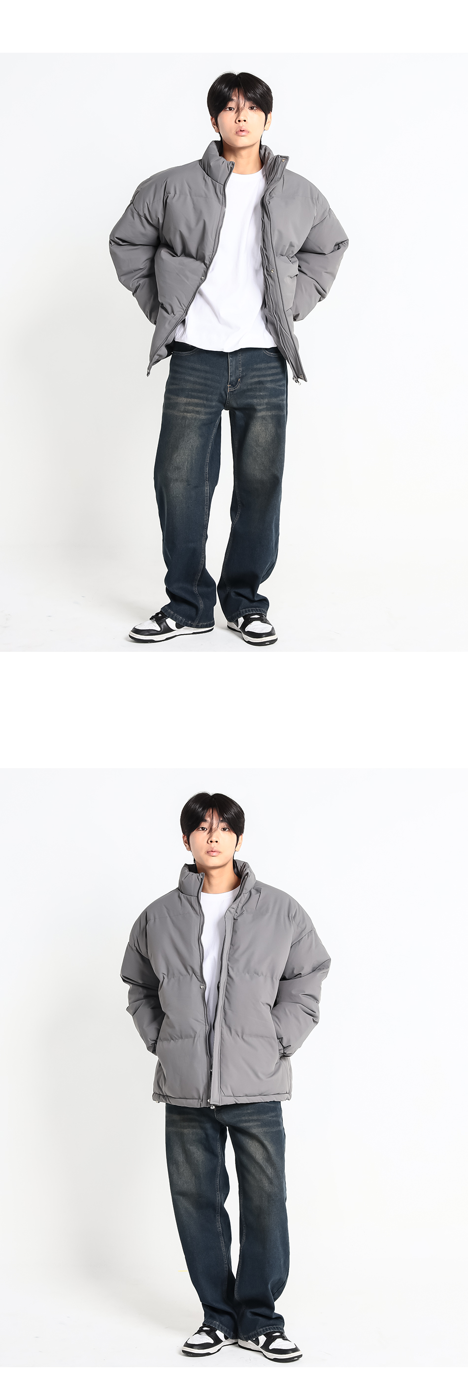 남성 빅사이즈 하이넥 패딩 오버핏 숏점퍼 아우터 그레이 착용컷 1