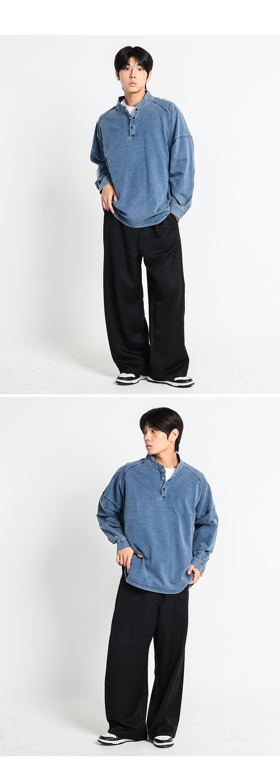 빅사이즈 오버핏 헨리넥 긴팔티 전신 데일리 코디 컷