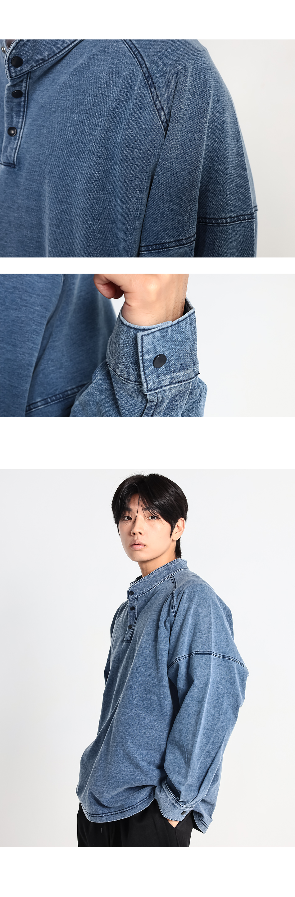 남성 빅사이즈 드롭숄더 헨리넥 티셔츠 뒷모습 피팅 컷